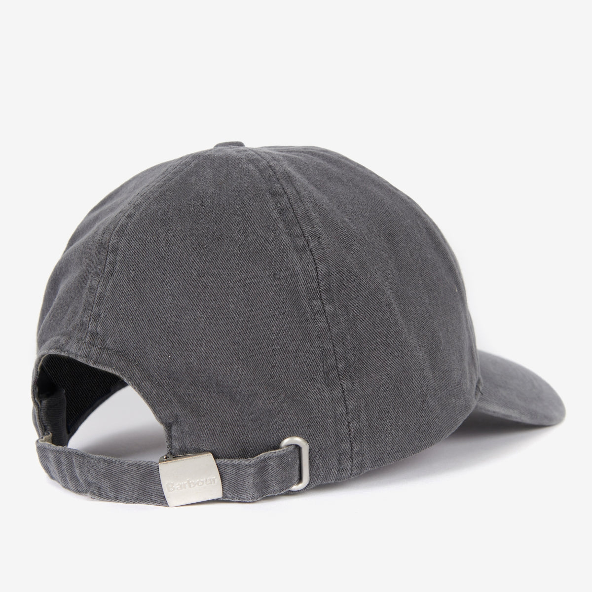 Back view of the asphalt Barbour Cascade cap with an adjustable strap and metal buckle