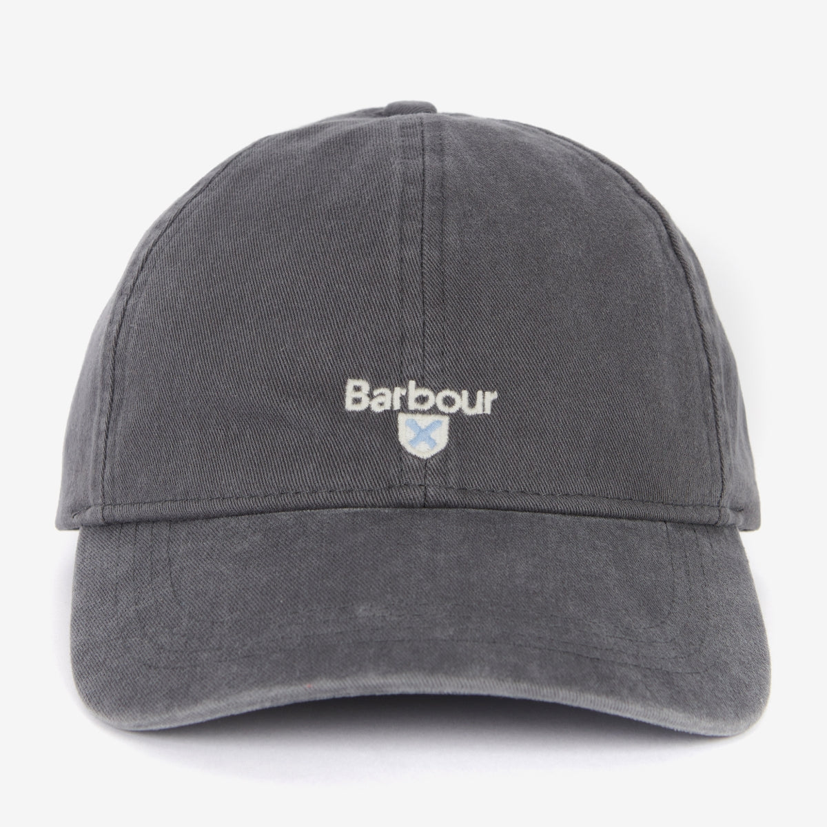 Front view of a dark asphalt Barbour Cascade cap with white embroidered Barbour logo and shield