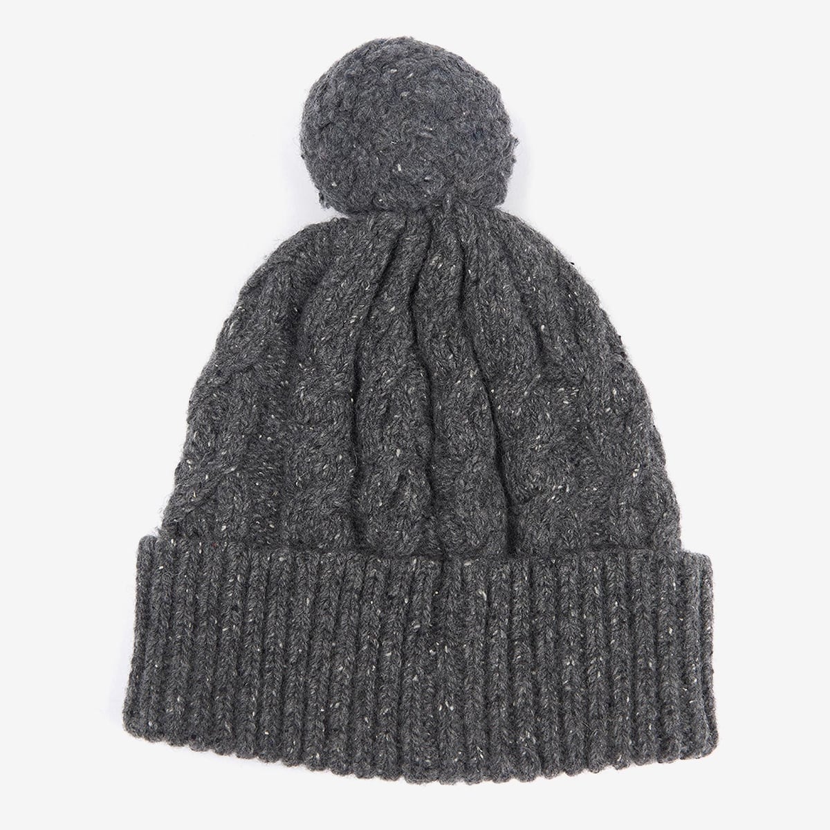 Barbour Seaton Pom Beanie grey knit with flecked yarn and leather logo patch on the cuff