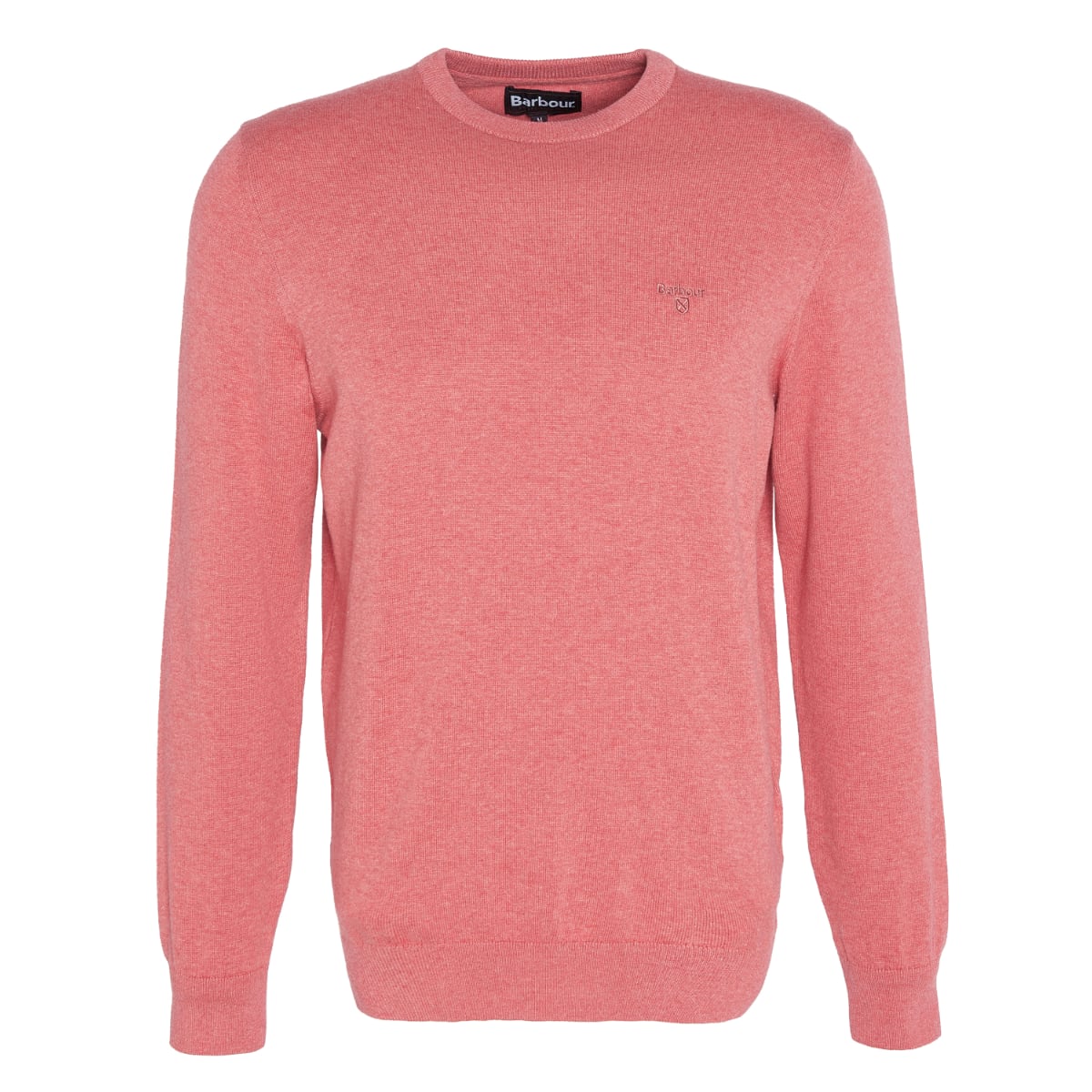 Front view of Barbour Pima Cotton Crew Neck Men's Jumper in Pink Clay with small chest logo
