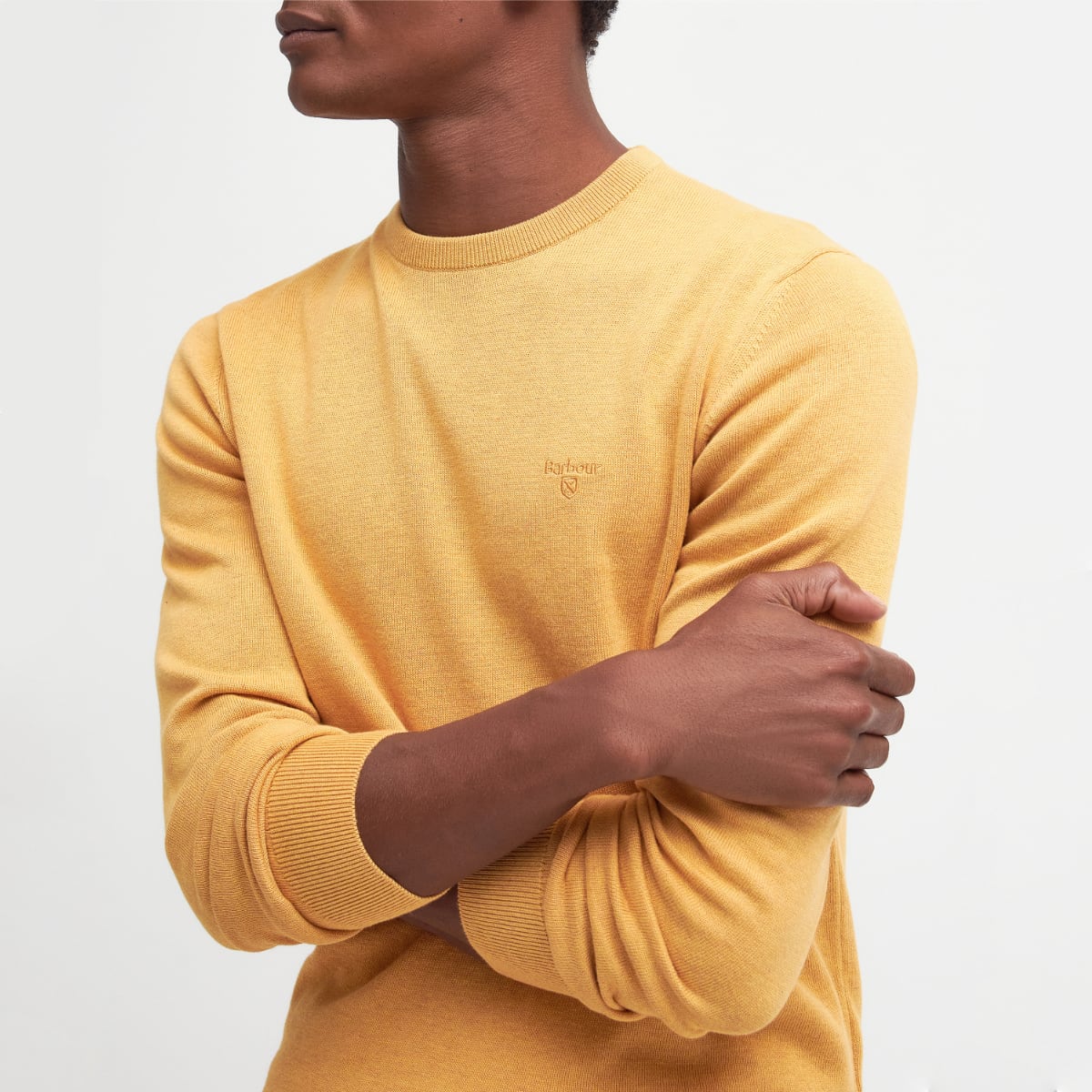 Male model wearing honey gold Barbour Pima Cotton Crew Neck jumper upper body portrait
