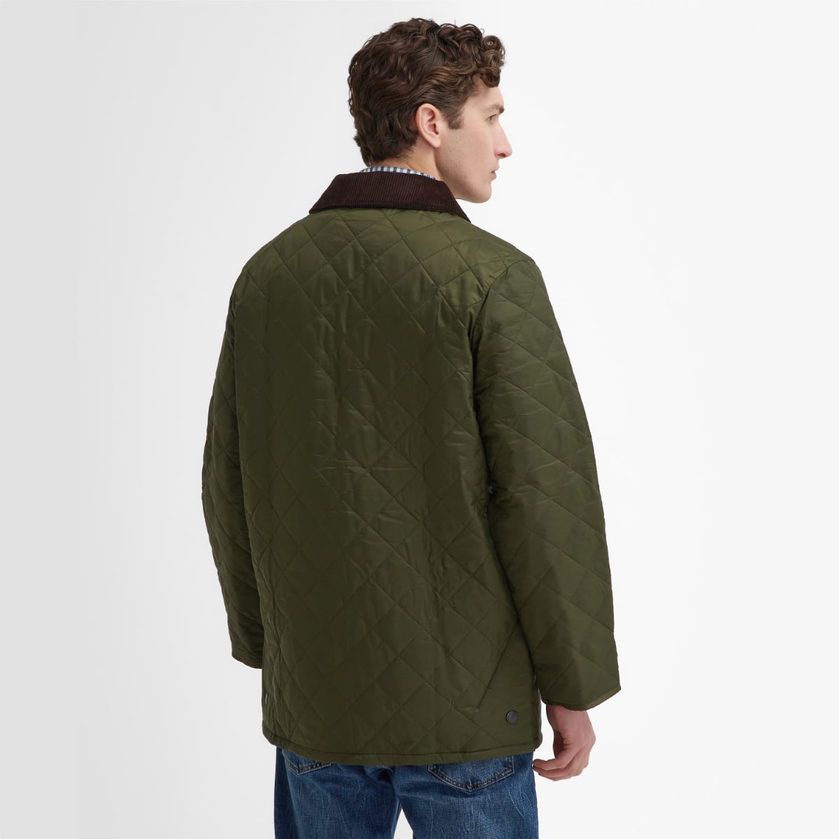 Rear view of model wearing a Barbour Liddesdale Quilted Jacket in Olive