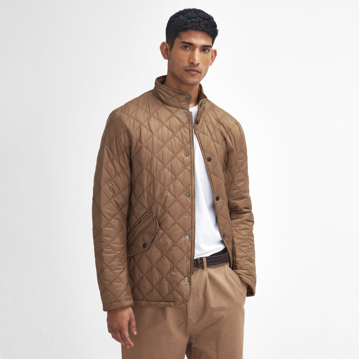 Front view of Barbour Flyweight Chelsea Quilted Jacket in Light Sandstone on model