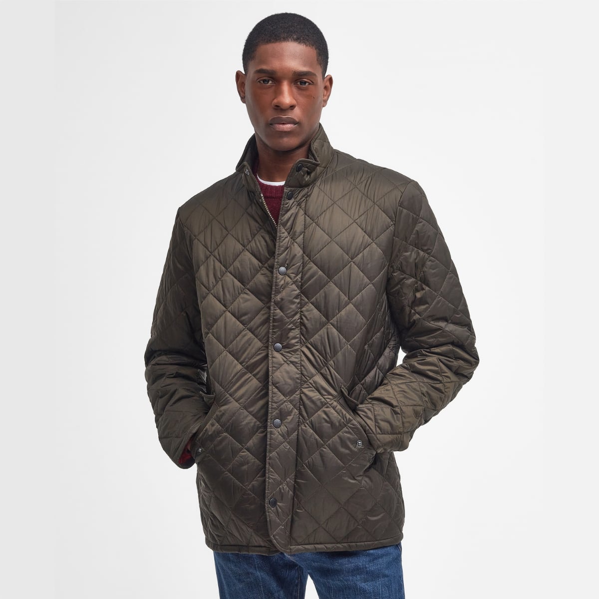 Front view of Barbour Flyweight Chelsea Quilted Jacket in Olive on model