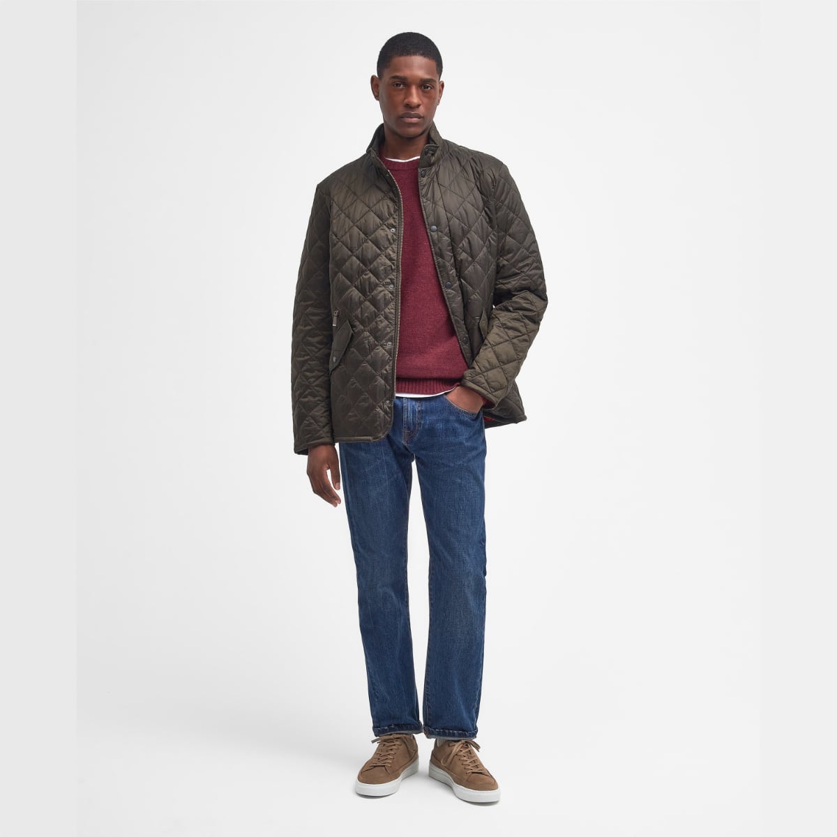 Front view of Barbour Flyweight Chelsea Quilted Jacket in Olive on model full height