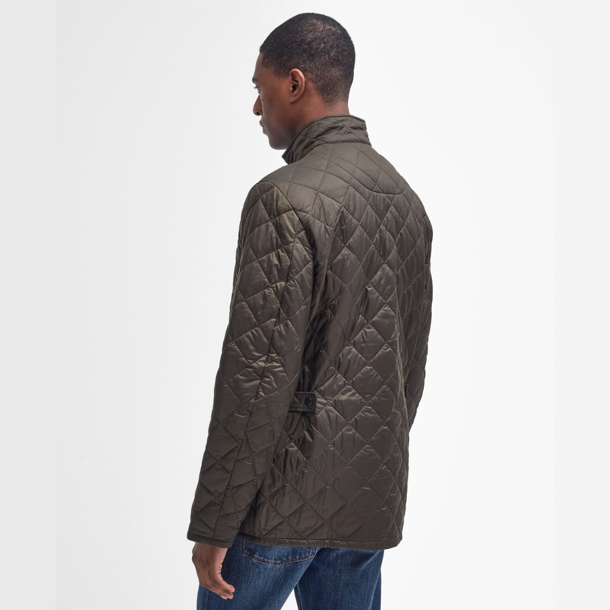 Rear view of Barbour Flyweight Chelsea Quilted Jacket in Olive on model
