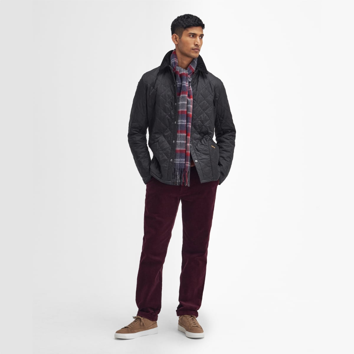 Front view of Barbour Heritage Liddesdale quilted men’s jacket in black on model full height