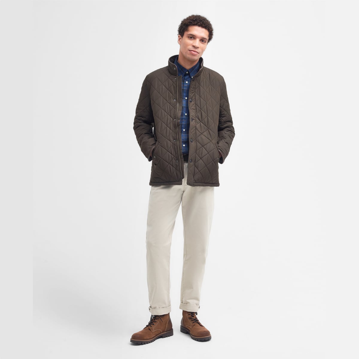 Front view of Barbour Powell Quilted Jacket in olive full height