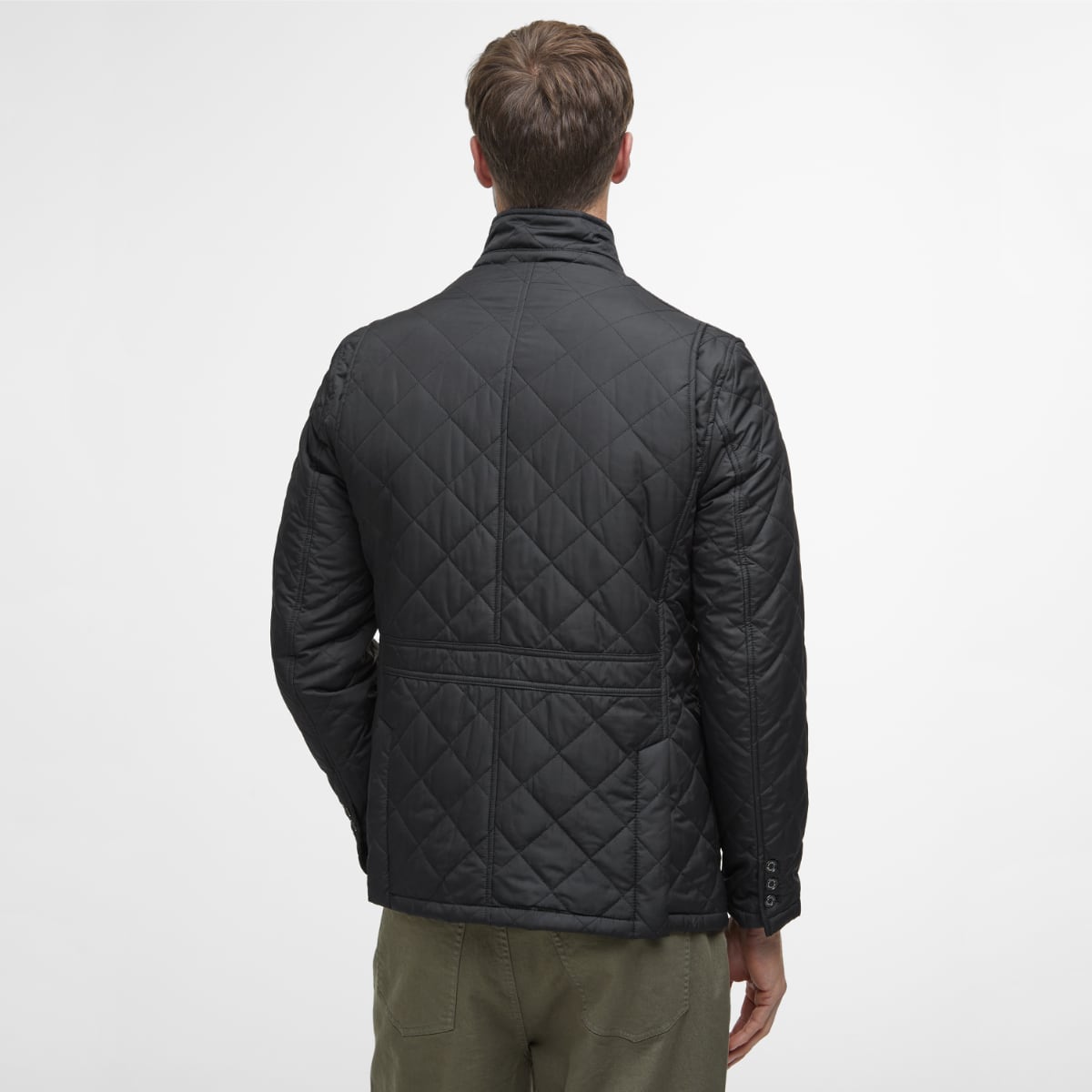 Rear view showcasing tailored fit and quilted texture
