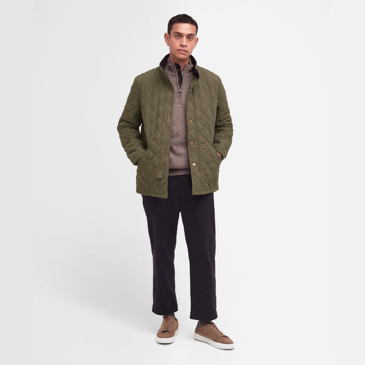 Model wearing Barbour Shoveler Jacket in Army Green - full height