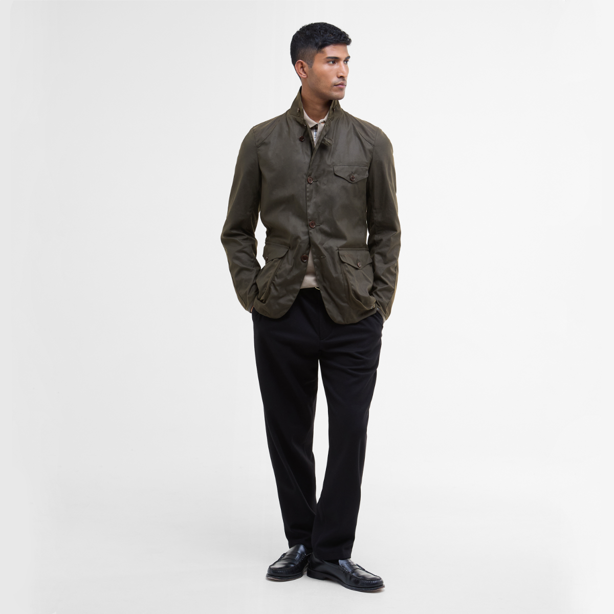 Barbour Beacon Sports Wax Jacket on model full height