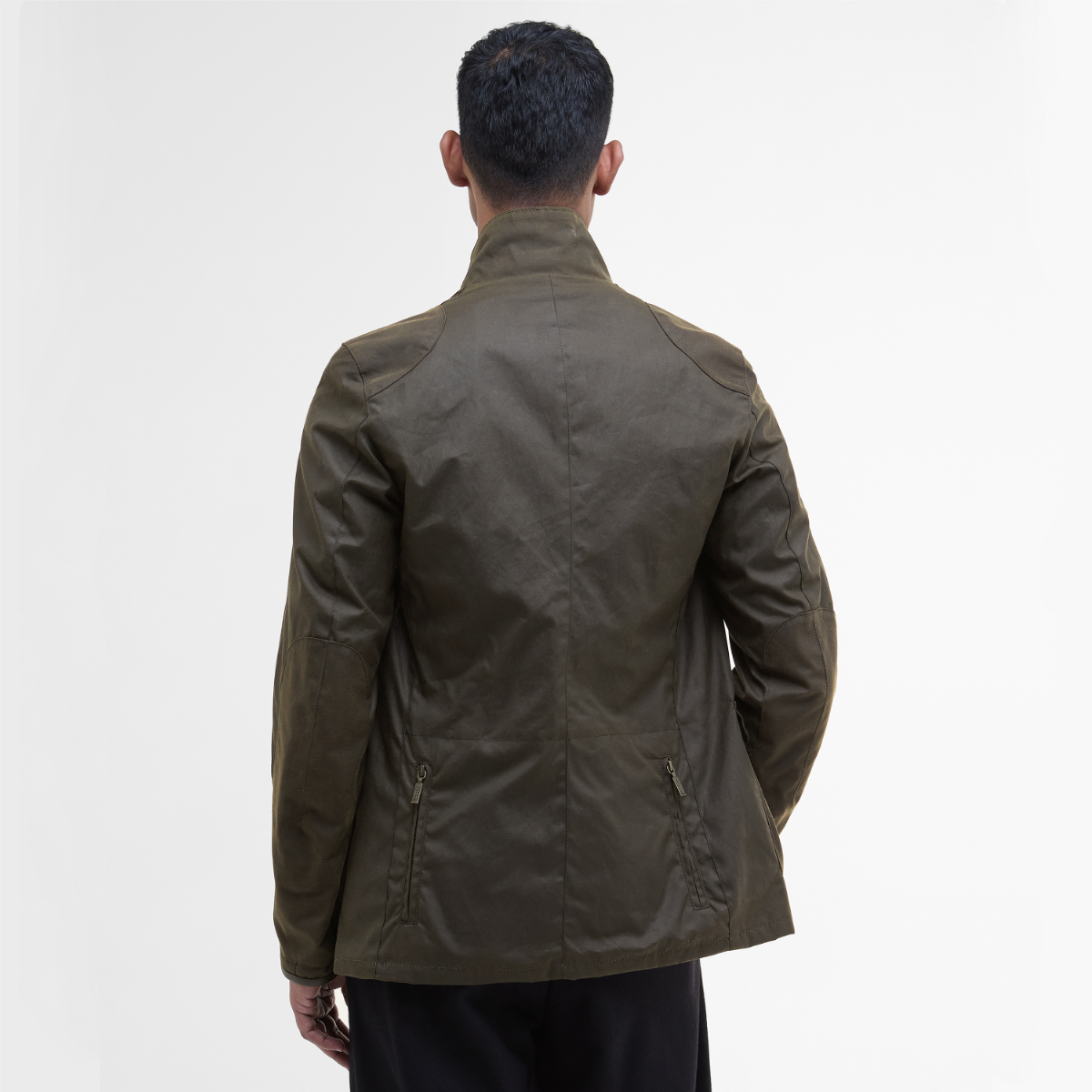 Back view of Barbour Beacon Sports Wax Jacket on model