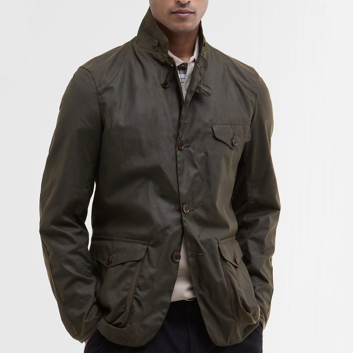 Barbour Beacon Sports Wax Jacket on model zoomed in