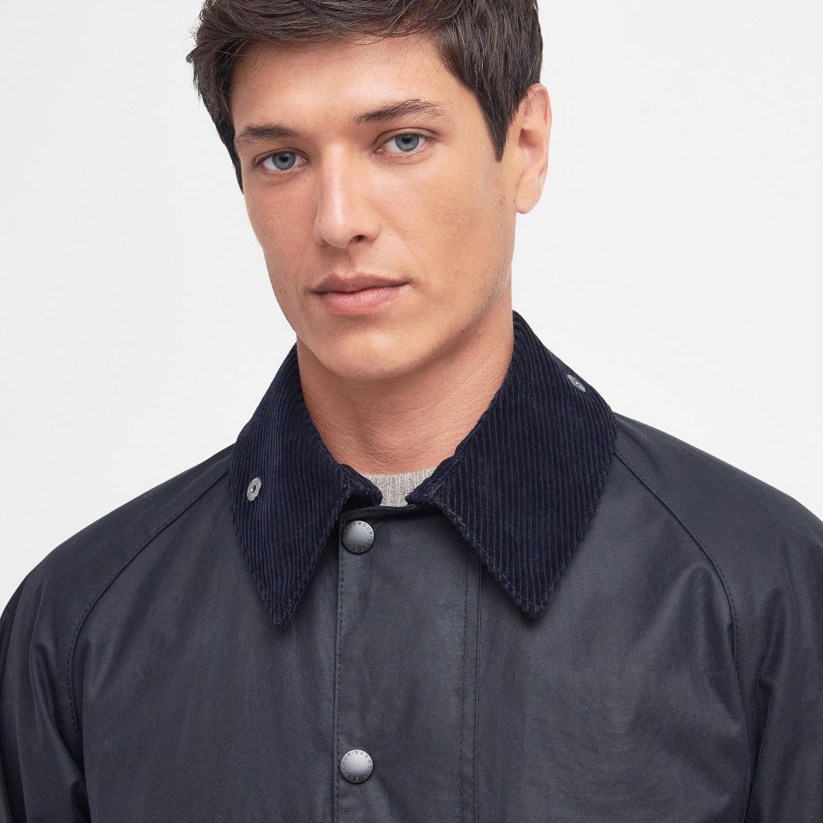 Close-up of corduroy collar on Barbour Beaufort jacket
