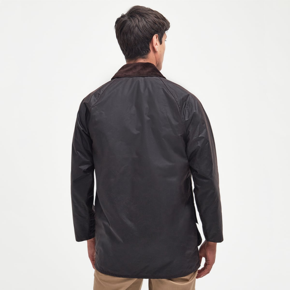Rear view of Barbour Beaufort jacket with storm flap and rear pocket