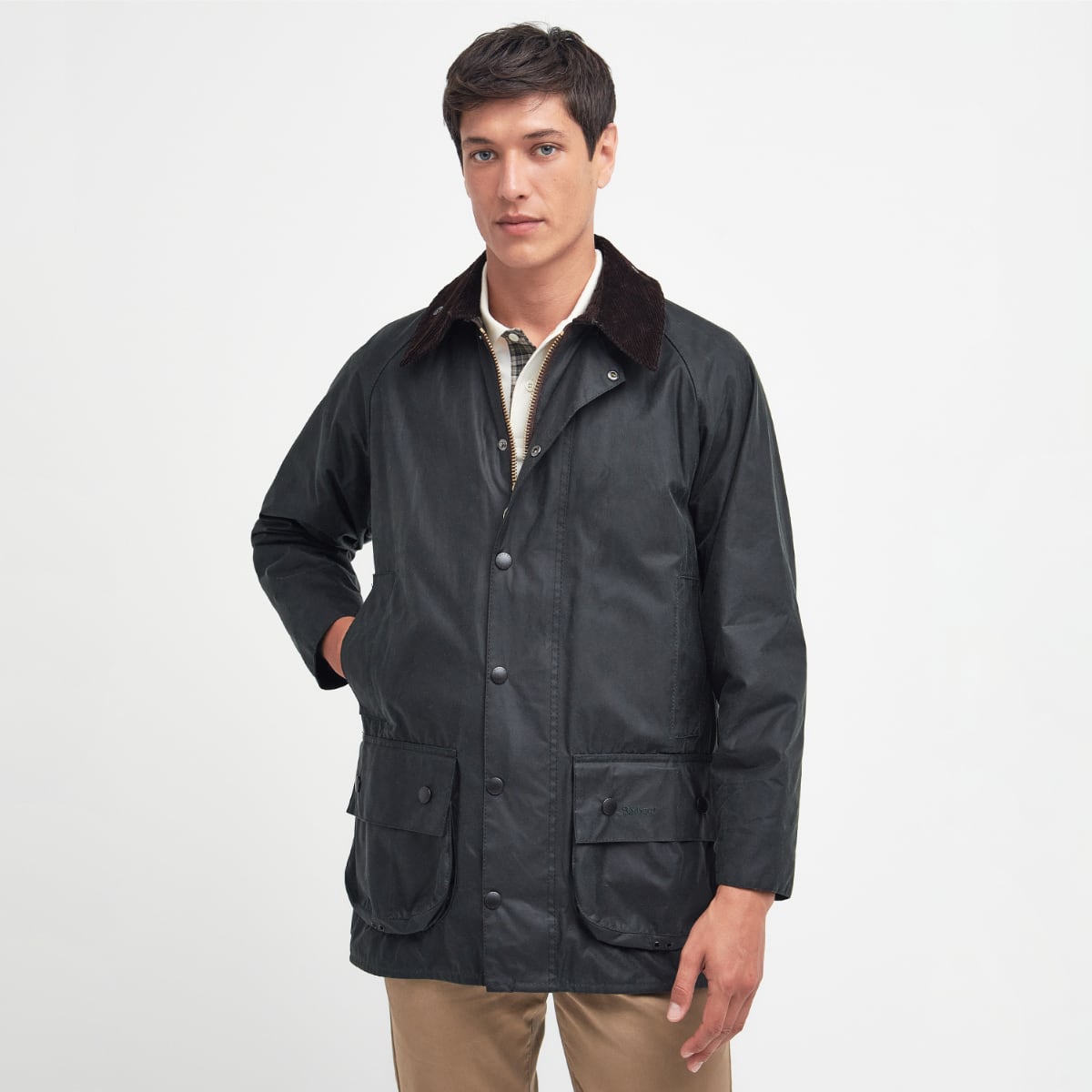 Man wearing Barbour Beaufort Wax Jacket in sage