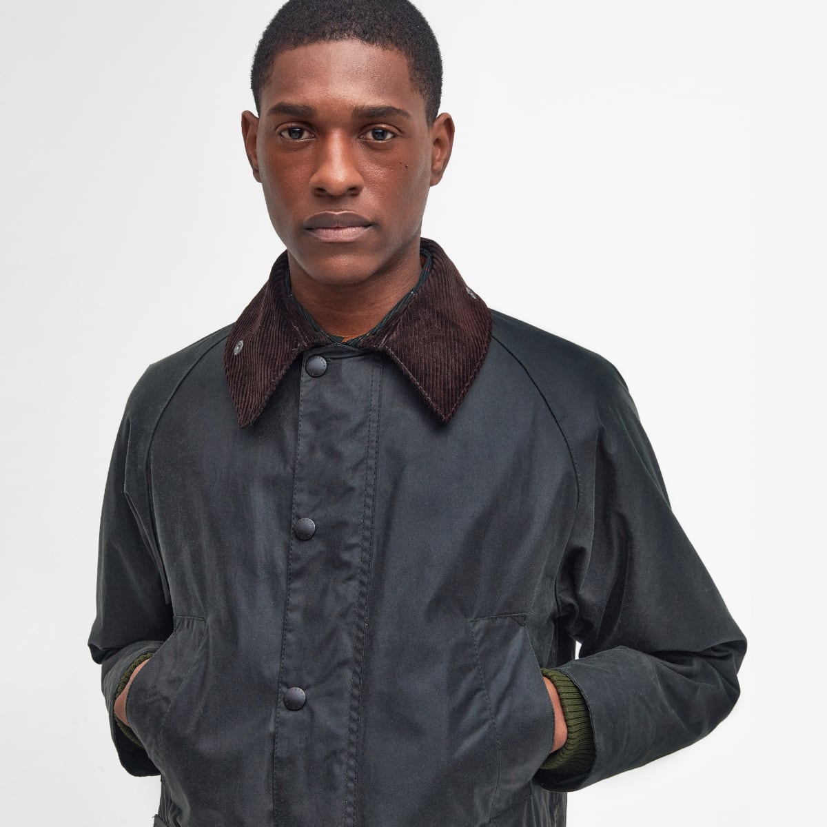 Close-up of corduroy collar and pockets