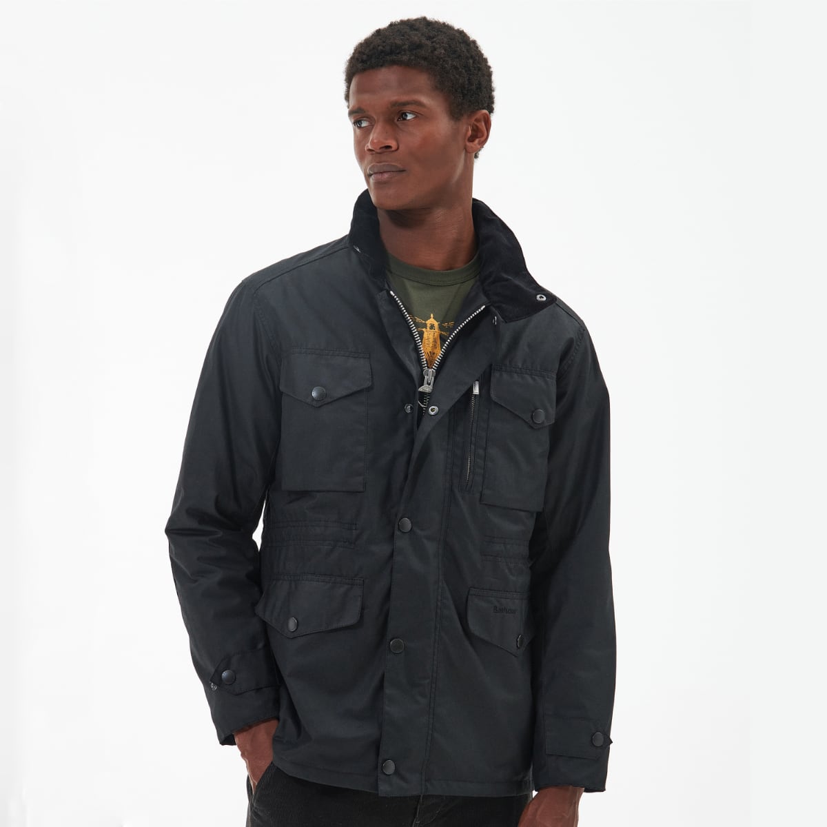 Barbour Sapper Wax Jacket in Olive worn