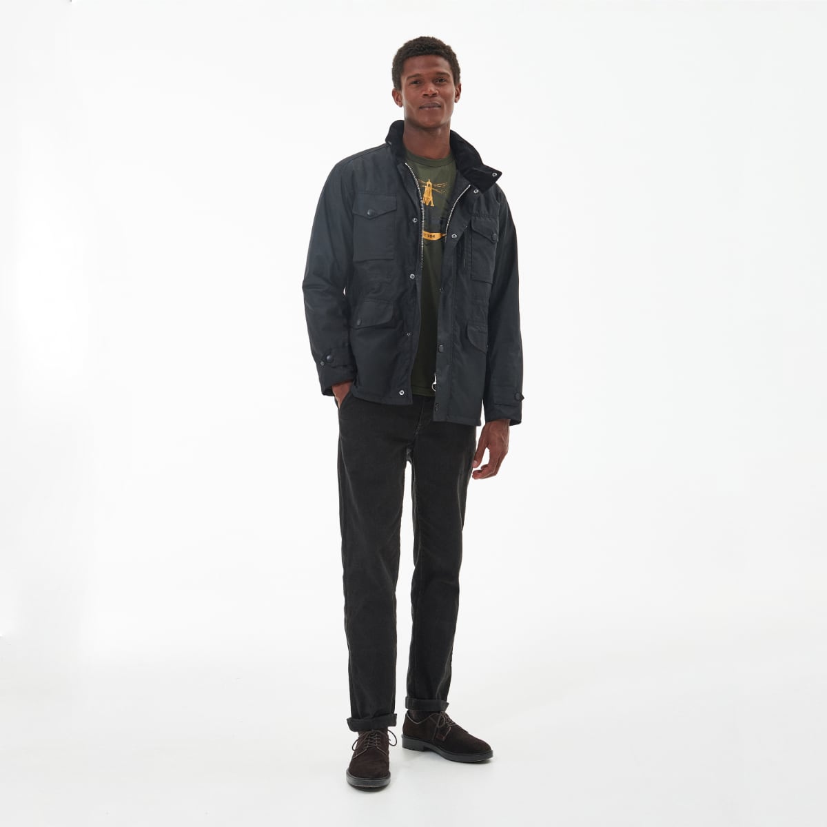 Barbour Sapper Wax Jacket in Olive worn