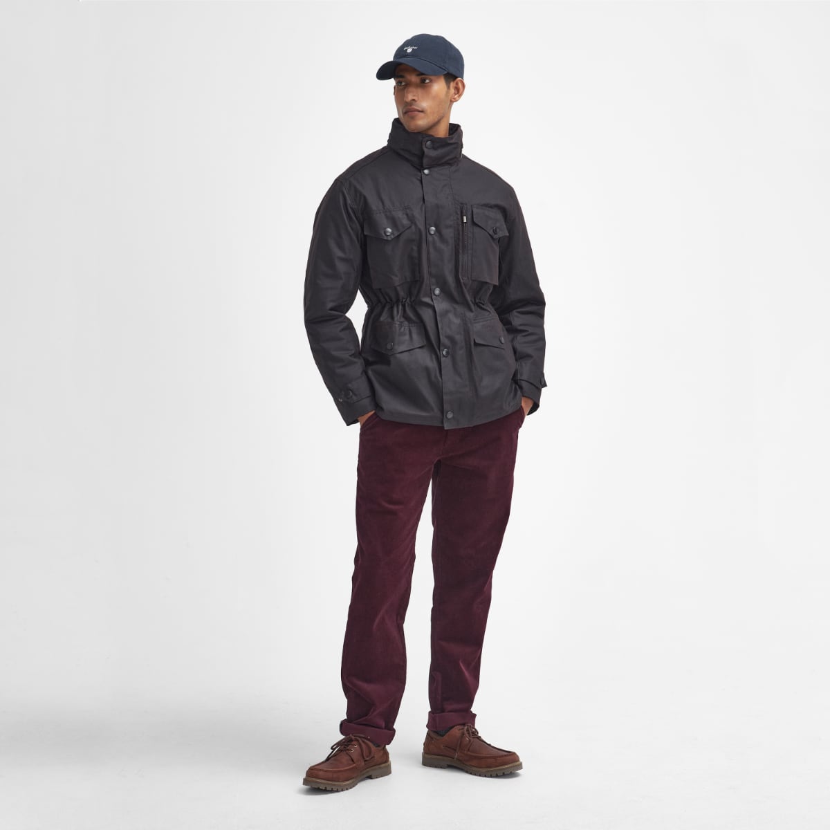 Barbour Sapper Wax Jacket in Olive worn by model