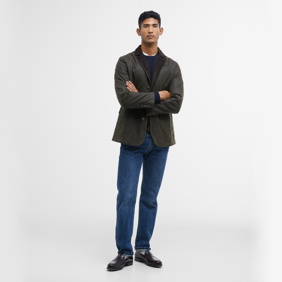 Barbour Lutz wax jacket on model full height