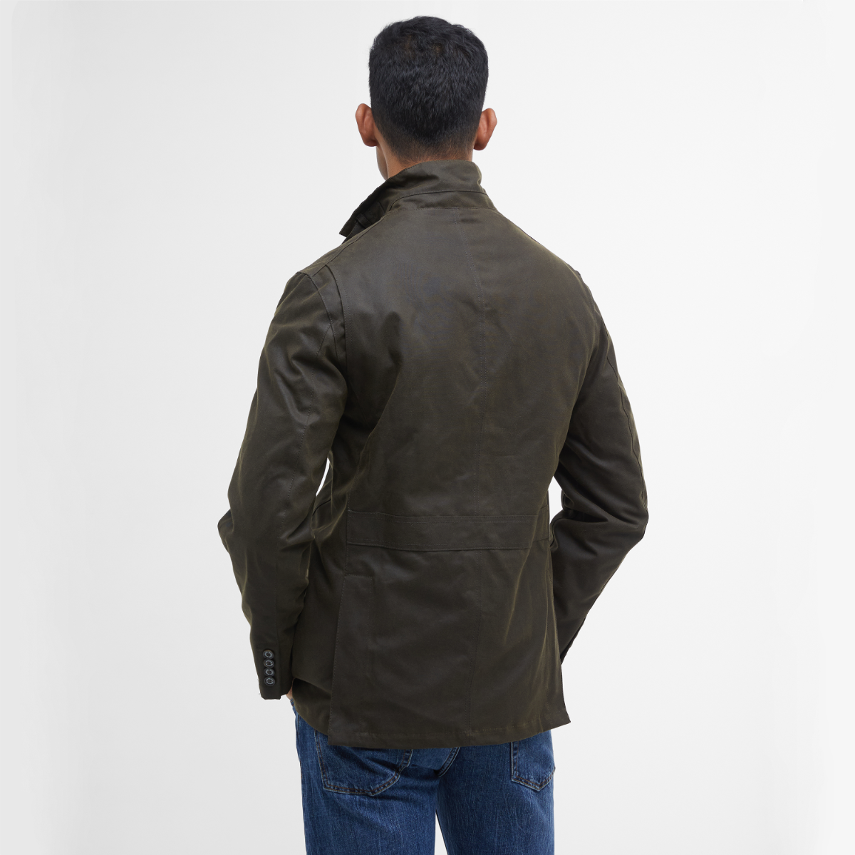 Back of Barbour Lutz wax jacket on model