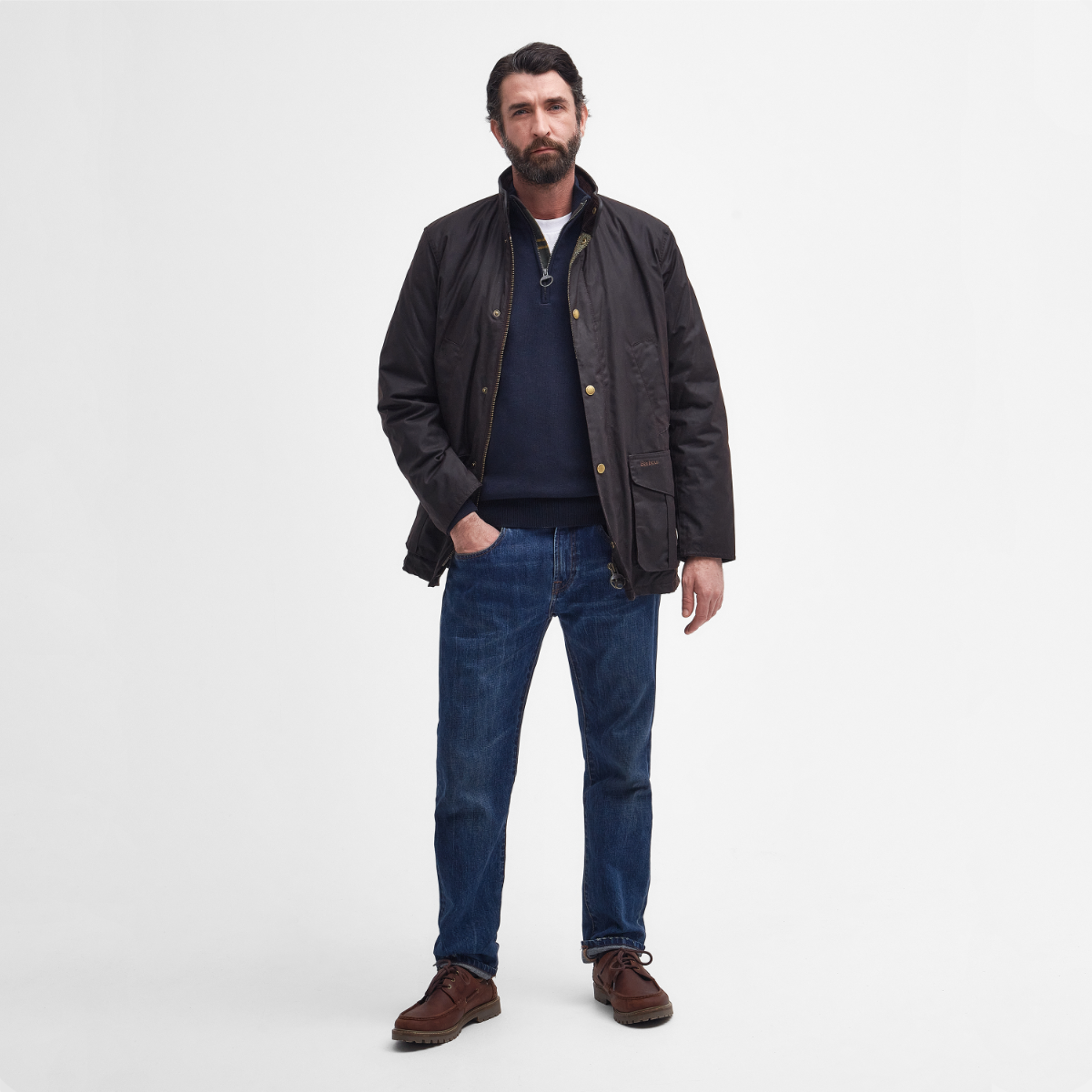 Barbour Hereford wax jacket front view in rustic on model - full height