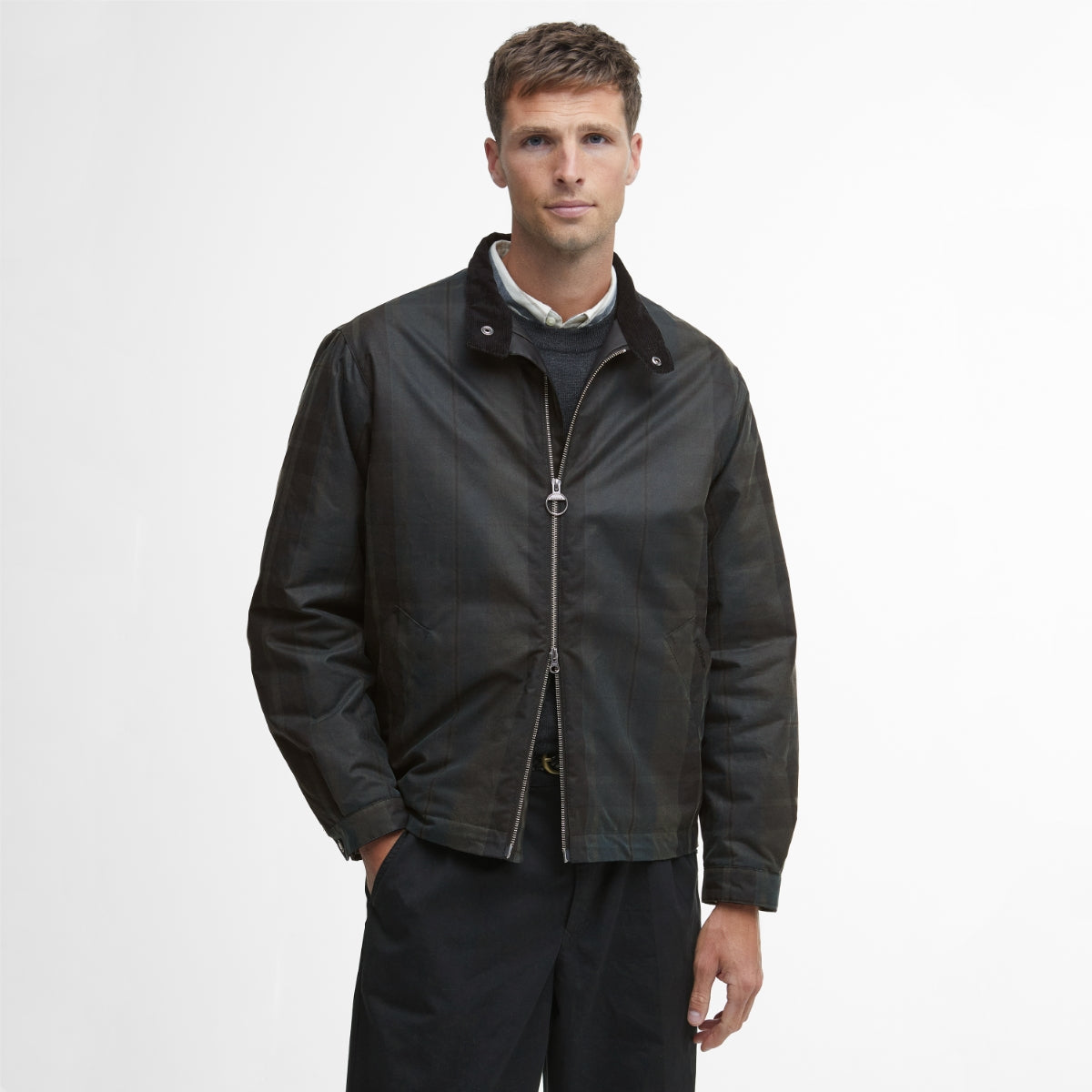 Front view of Barbour Check Harrington Jacket in Dundee Tartan on model