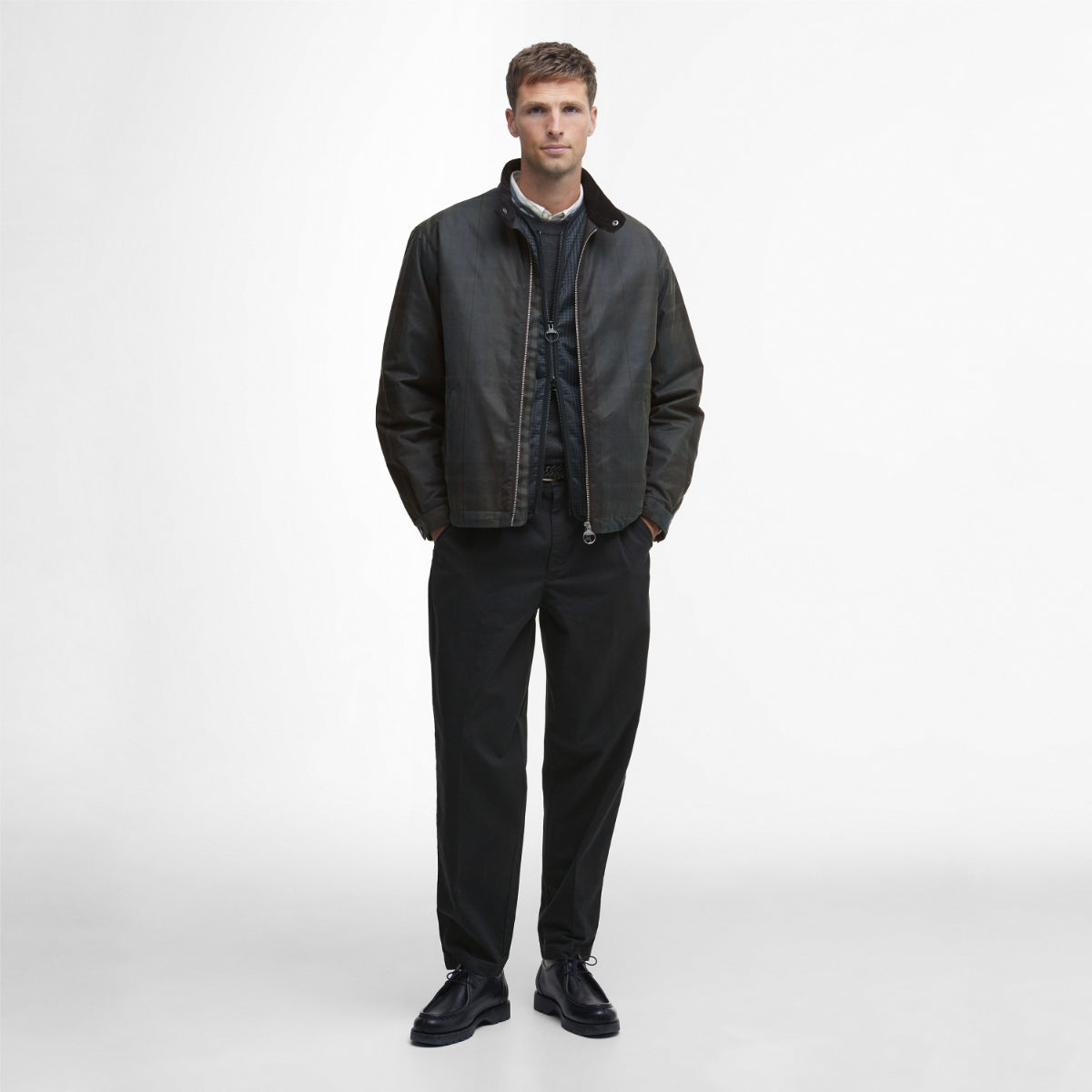 Front view of Barbour Check Harrington Jacket in Dundee Tartan on model alternate version