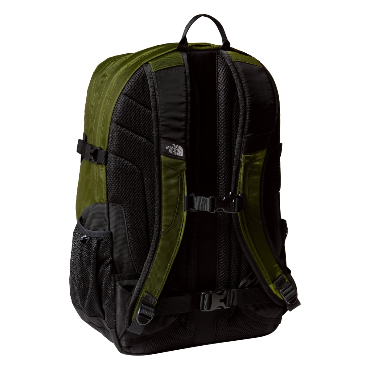 Back view of woodland green The North Face Borealis backpack with padded shoulder straps and sternum strap