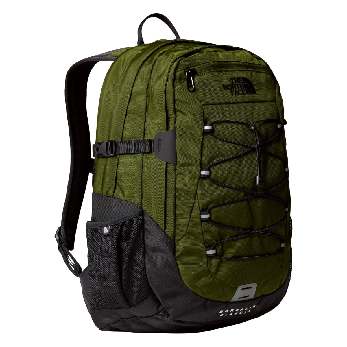 The North Face Borealis Classic backpack in woodland green with front bungee cord and mesh side pocket