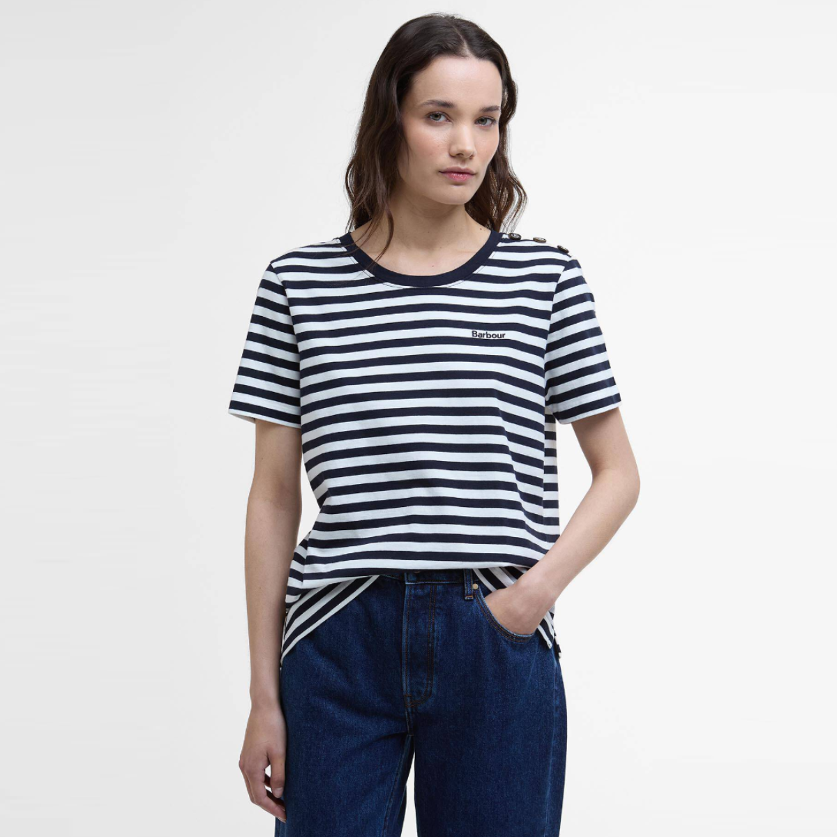 Model wearing navy and white striped Barbour Ferryside top with short sleeves.