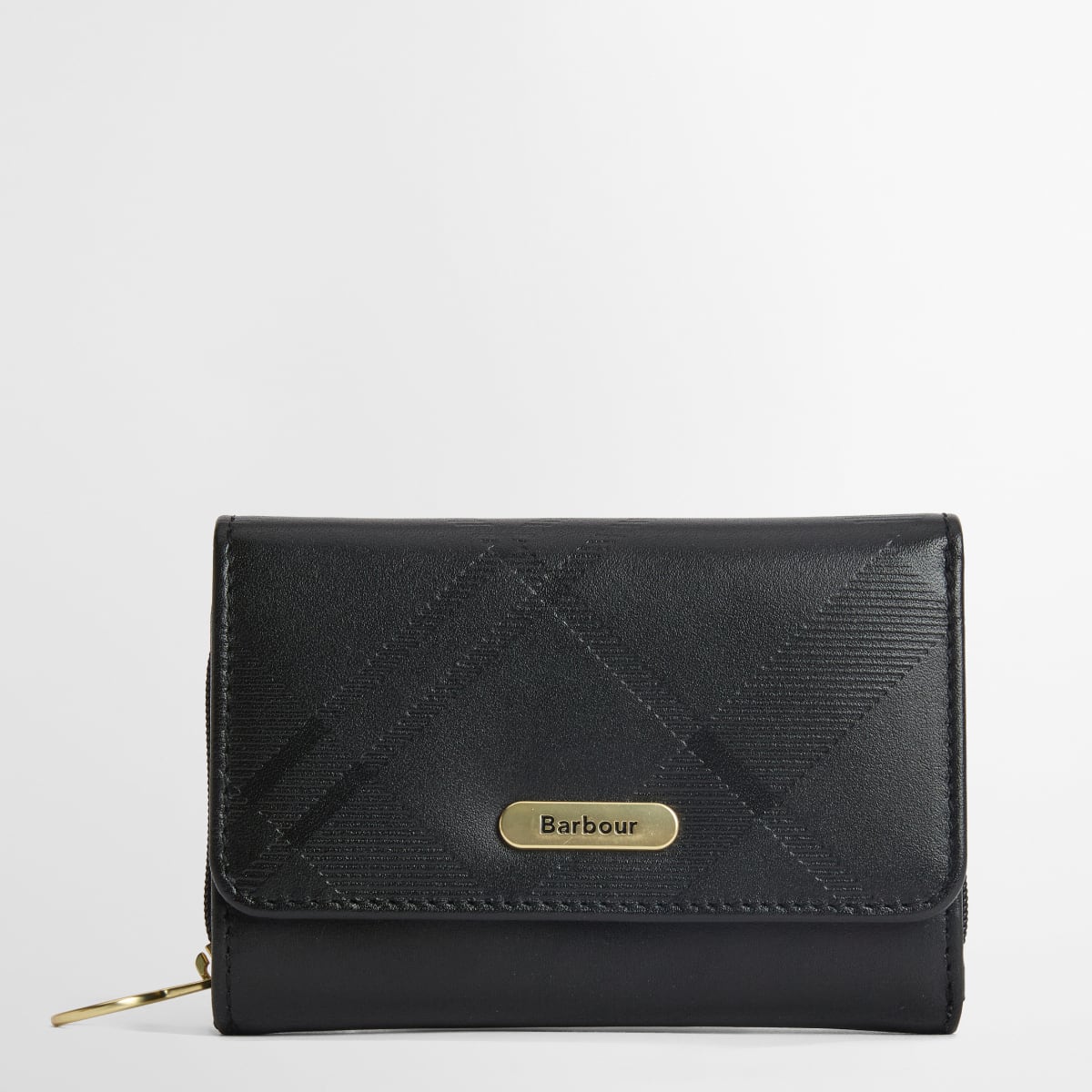 Barbour Rosa French Purse in black debossed leather with a diamond stitch pattern and gold plaque