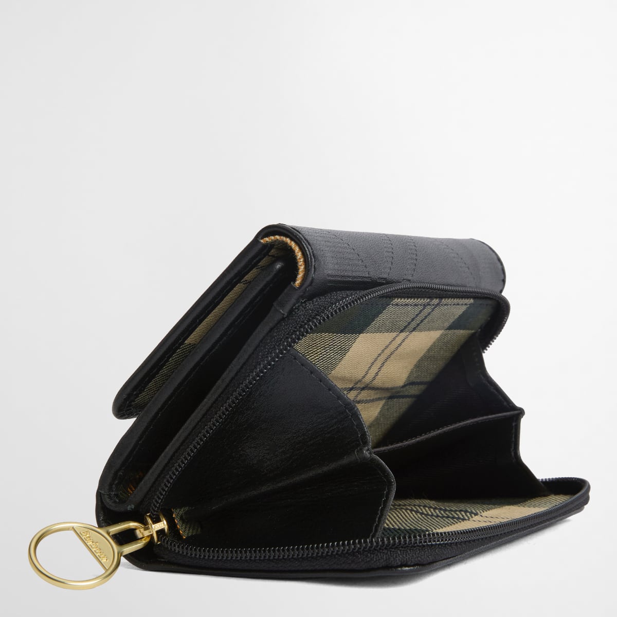 Open Barbour Rosa French Purse showing plaid lining and gold zipper pull