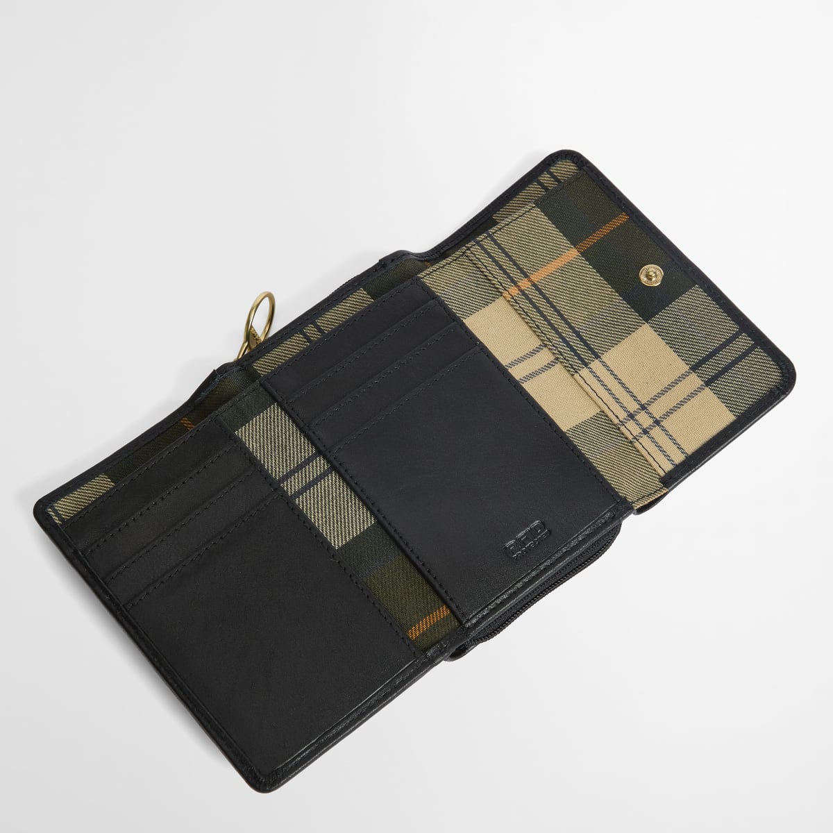 Open Barbour Rosa French Purse in black with beige plaid interior and card slots.