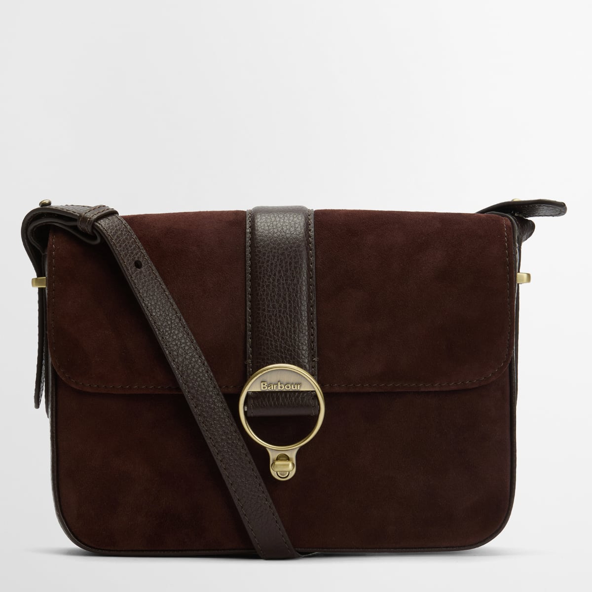 Barbour Rosa crossbody bag in dark brown suede and leather with a gold ring clasp.