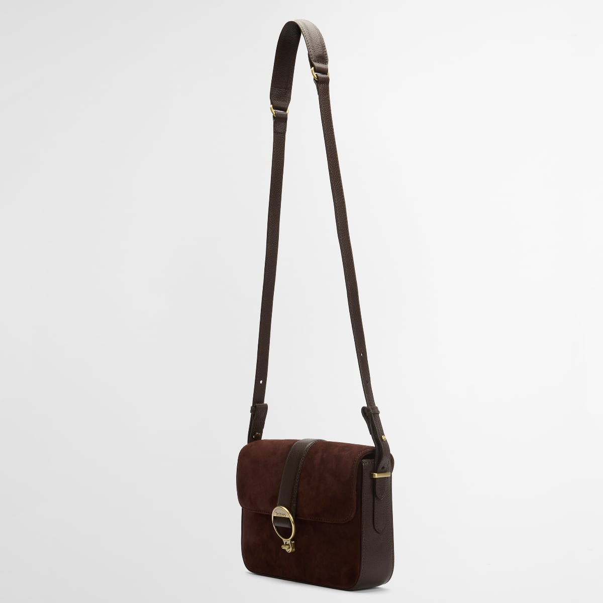 Barbour Rosa suede and leather crossbody bag in dark brown with a long adjustable strap.