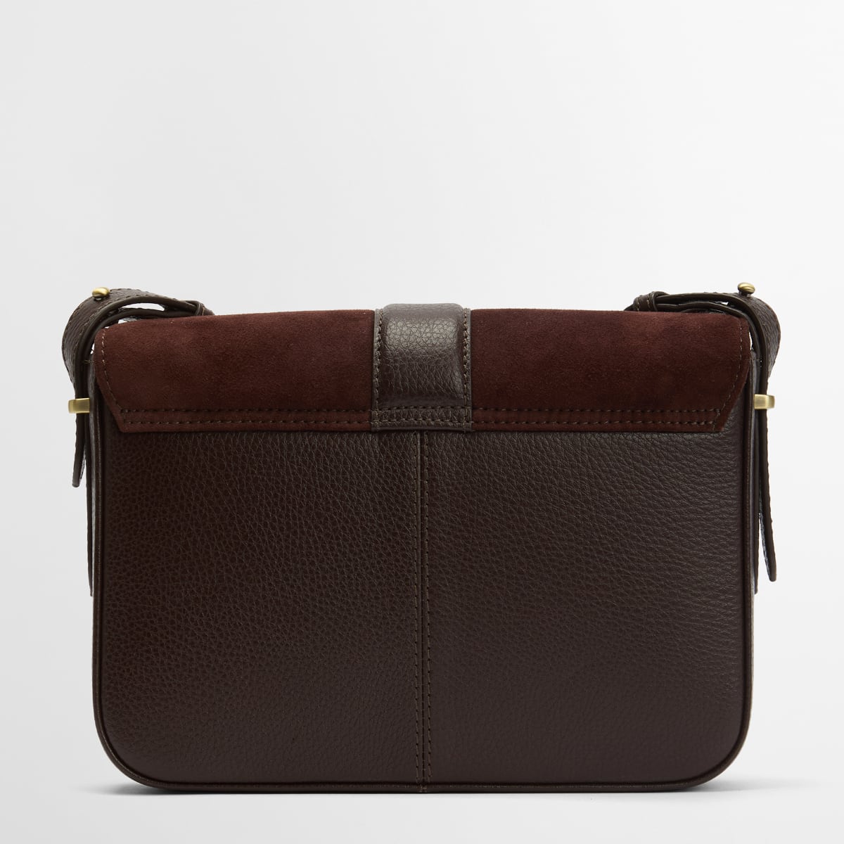 Close up of Barbour Rosa crossbody bag with burgundy suede flap over brown leather body.