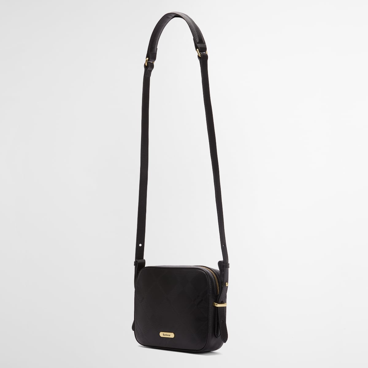 Barbour Daphne leather deboss crossbody bag in black with a long adjustable strap and gold hardware