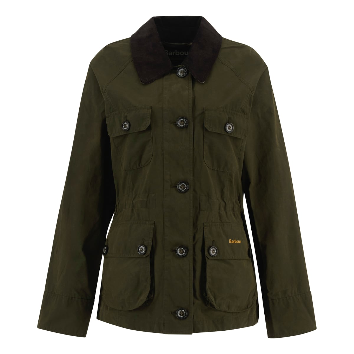 Olive Barbour Croton women's jacket with a dark brown corduroy collar and multiple front pockets