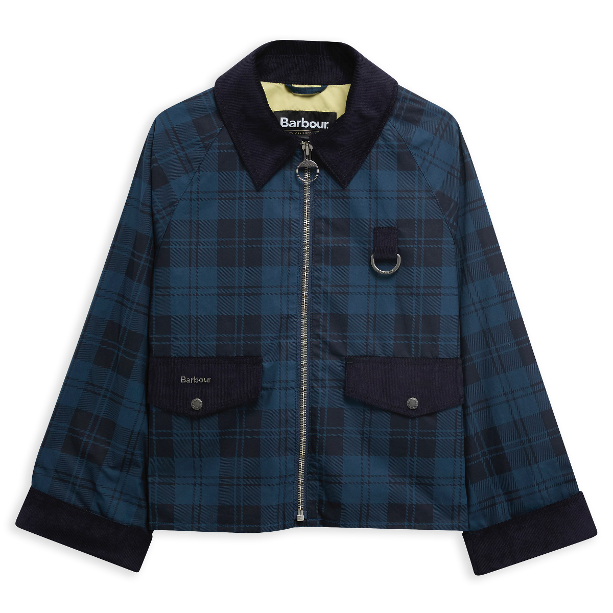 Barbour Baiton Casual jacket in Weathered Marine plaid with navy corduroy collar and front zip.