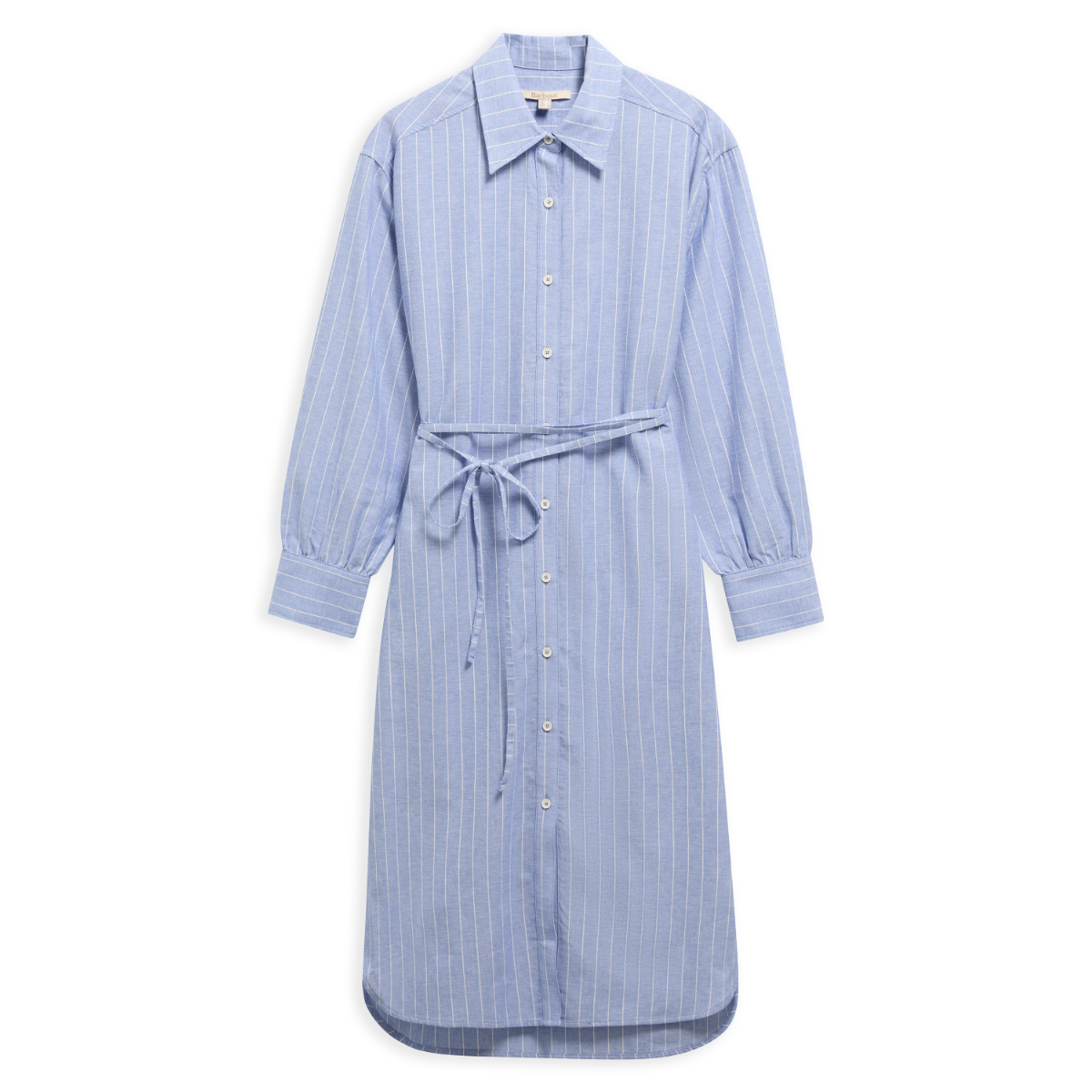 Front view of Barbour Avon women's striped chambray dress with self tie belt