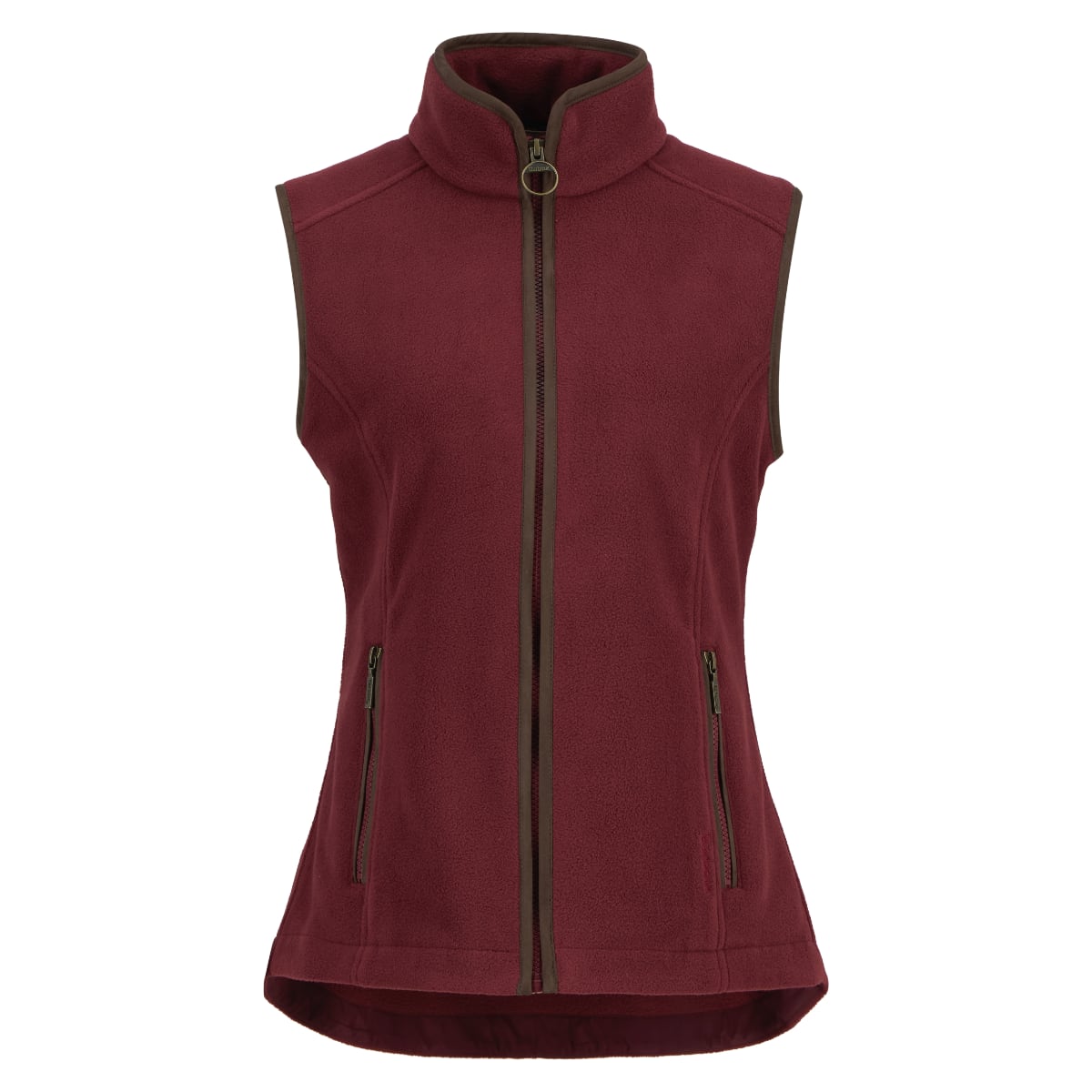 Barbour Country Colton fleece gilet in burgundy with brown trim, stand collar and front zip pockets.