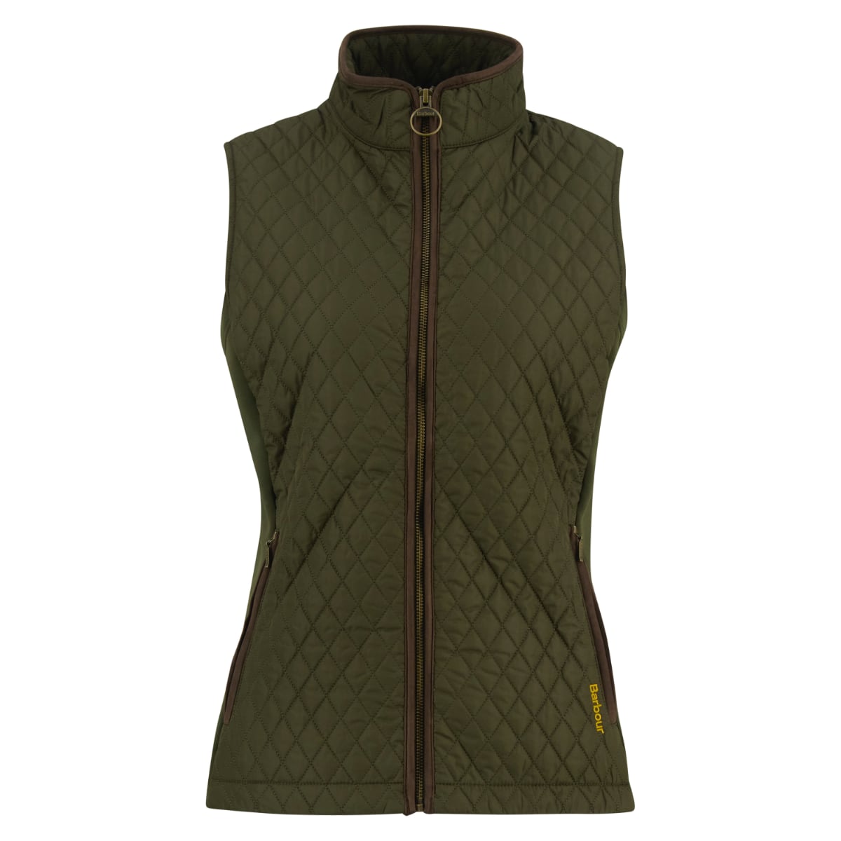 Barbour Basswood olive quilted sleeveless gilet with high collar and ring zip pull