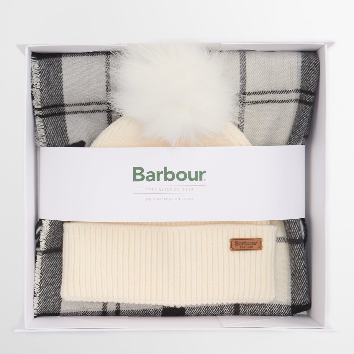 Barbour Dover Beanie & Hailes Scarf Gift Set | Monochrome Tartan