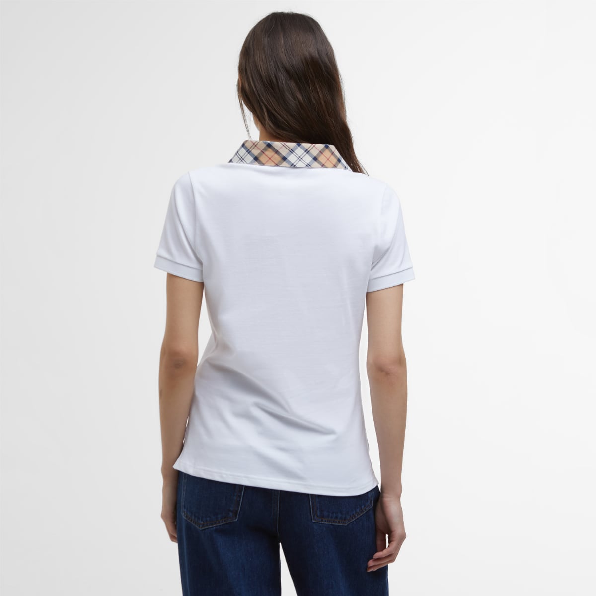 Back view of a white Barbour Malvern polo shirt with a beige plaid collar