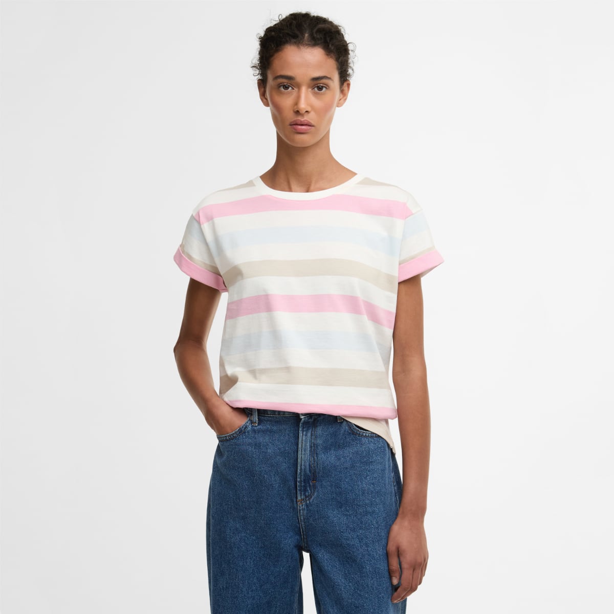 Barbour Lyndale T-Shirt in pastel stripes worn by model