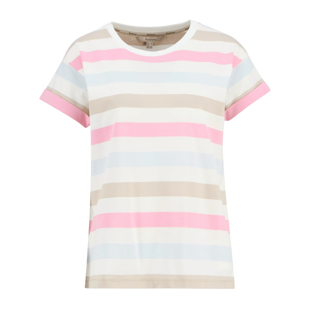 Barbour Lyndale T Shirt in blue multi with pastel stripes, short sleeves.