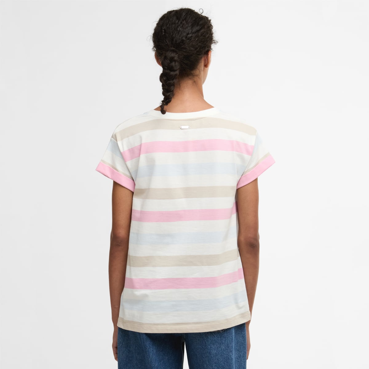 Back view of Barbour Lyndale T Shirt in pastel stripes with pink cuffed sleeve edges