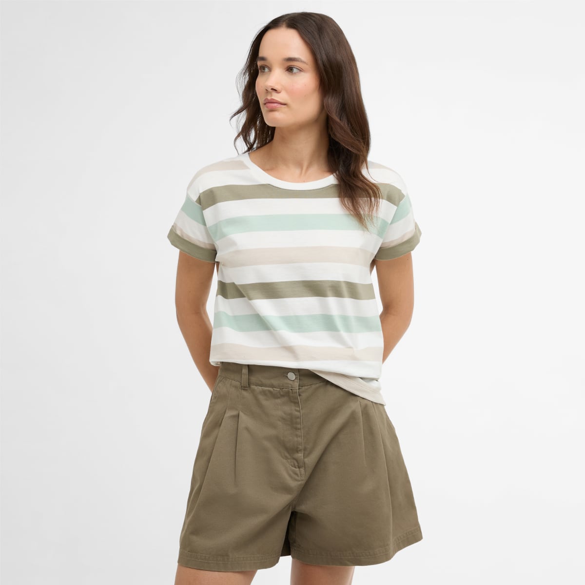 Barbour Lyndale striped T shirt in Spearment on a model wearing olive shorts